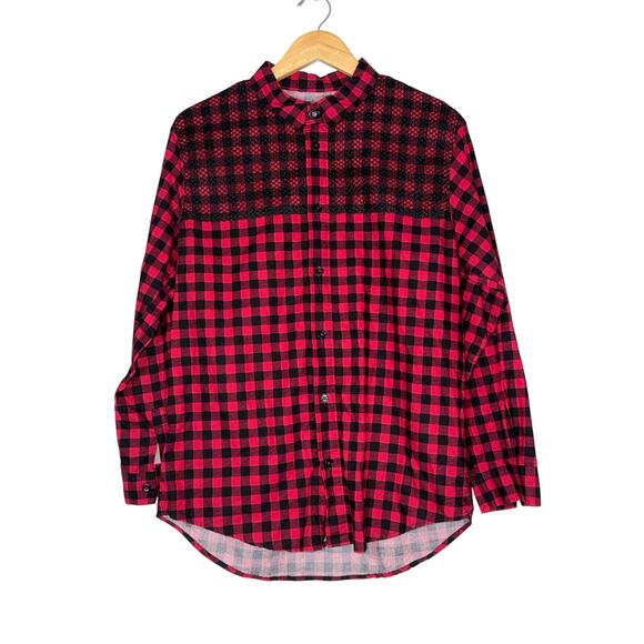 Handmade Button Down Long Sleeve Red Buffalo Plaid Shirt Mens Large Emo Grunge - Picture 1 of 3